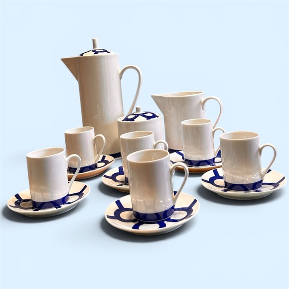 LBL Other - Vintage LBL Lubiana Poland Porcelain Coffee Set Mid Century Modern Blue Geometri